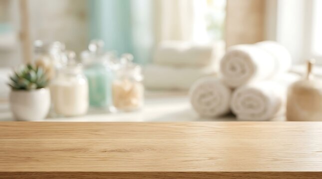 Empty wooden table top mockup for beauty product display with blurred spa bathroom background and soft morning light.