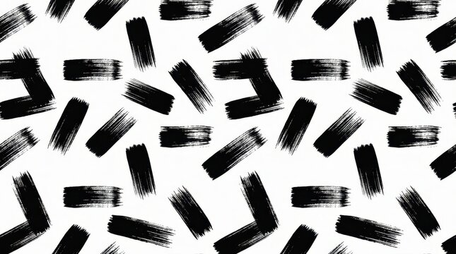 Seamless Abstract Black Ink Brush Stroke Pattern on White Background for Minimalist Graphic Design and Textile Prints