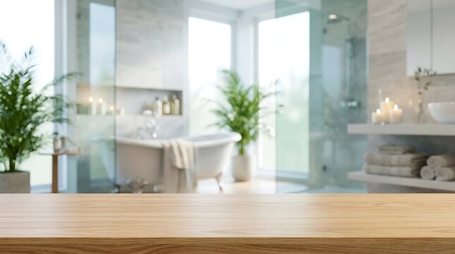 Empty wooden table top with blurred luxury spa bathroom interior background for product presentation and home decor.