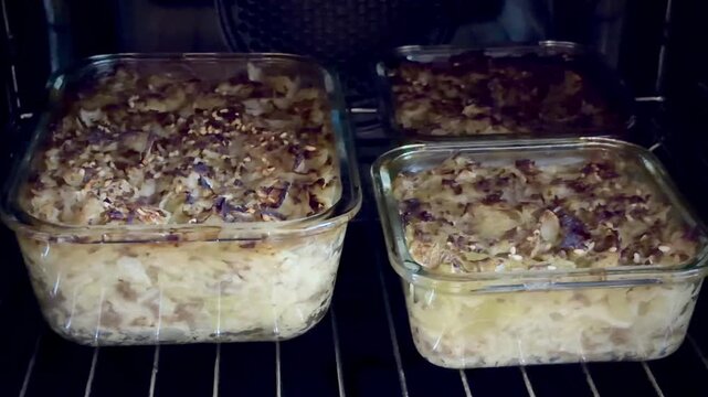Cabbage Casseroles Baking in Glass Dishes in the Oven