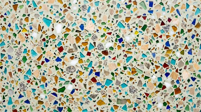 Terrazzo flooring surface with colorful mosaic stone fragments.