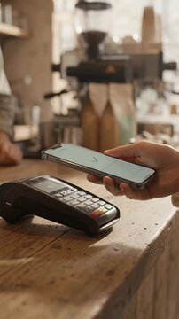 Customer making contactless smartphone payment at cafe counter with warm bokeh background lighting
