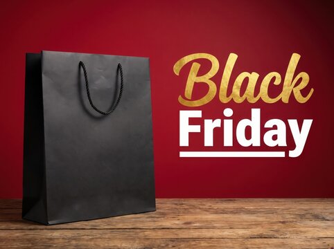 Black paper shopping bag with rope handles on rustic wooden surface beside gold and white Black Friday text on deep red background