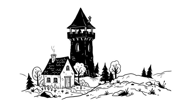 Vintage watchtower line art illustration, medieval castle tower and cottage landscape drawing, black and white vector sketch