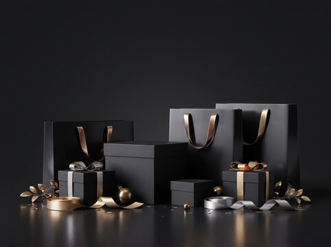 Black surface with matte black gift boxes and shopping bags featuring gold and silver ribbons, decorative leaves, and small ornaments arranged for luxury presentation