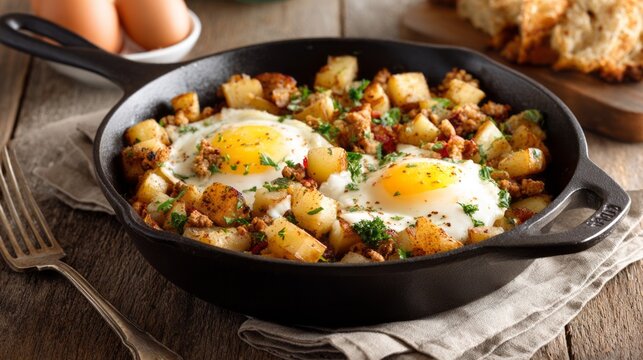 Savory turkey breakfast hash combines golden potato cubes, browned meat, colorful vegetables, and two fried eggs, garnished with rosemary and herbs in a cast iron skillet. Thanksgiving breakfast