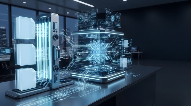 Quantum computer server with holographic data visualization in dark lab