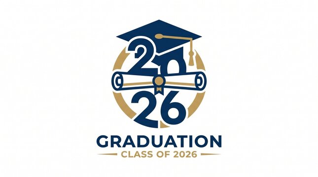 Class of 2026 Graduation Logo Badge Design with Mortarboard Cap and Diploma Scroll Vector Illustration