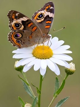 This crystal-clear macro photograph shows a Junonia almana (Eye Butterfly) butterfly perched gracefully on a white chrysanthemum. Its wings radiate a distinctive, eye-like pattern of contrasting shade