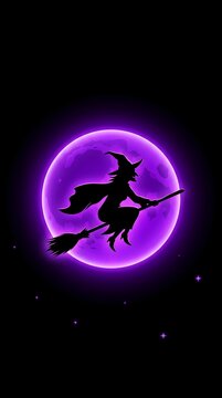 Witch flying on broomstick across giant purple full moon silhouette