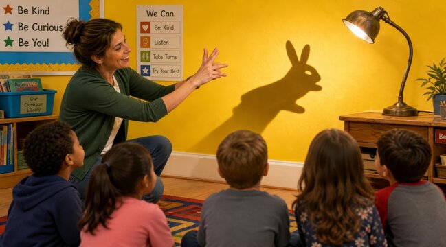Teacher casting rabbit shadow puppet for children in classroom