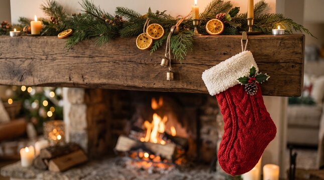 Handmade Santa Christmas Stocking Hanging Beside a Rustic Fireplace