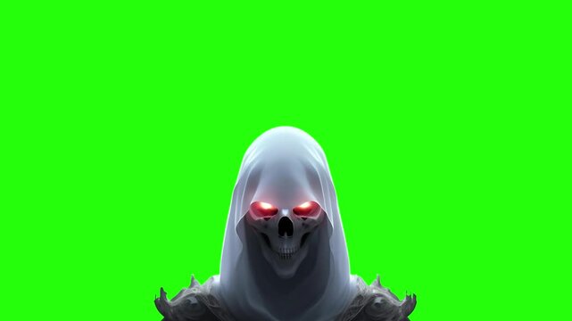 Scary Grim Reaper Skeleton Character with Glowing Red Eyes on Chroma Key Green Screen for Halloween Stock
