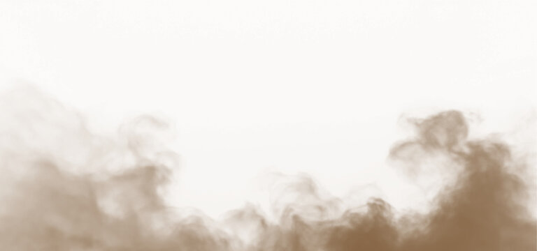 Dust sand soil smoke cloud particles isolated on transparent white background. Brown sandstorm smog sand dust explosion rising. Design elements for Compositing, covering, overlay, PNG
