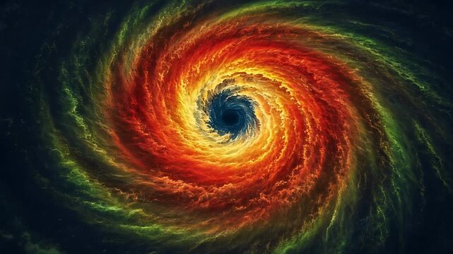 Vibrant Cosmic Spiral in Shades of Red Orange and Yellow Swirling Around a Central Black Void