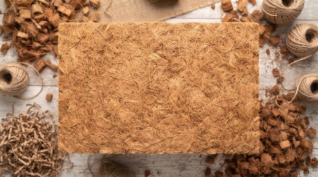 Top View of Natural Coconut Coir Fiber Blocks and Twine.