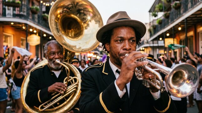 Jazz Musicians Performing Brass Instruments on Lively Street Parade at Dusk