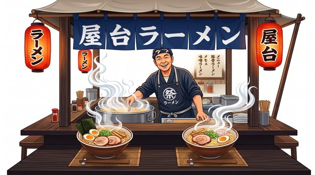 Chef Serving Traditional Ramen at Outdoor Food Stall with Steamy Bowls