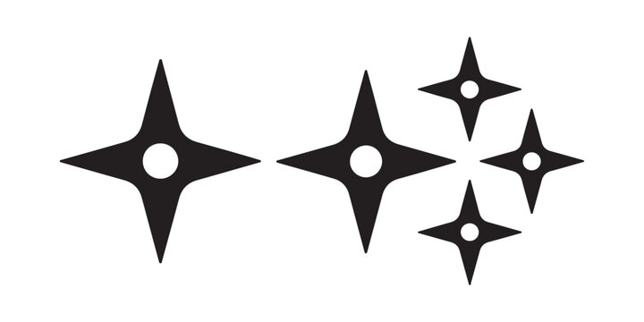 Black shuriken throwing star spark icons set for ninja stealth warrior weapon and sparkling effects.