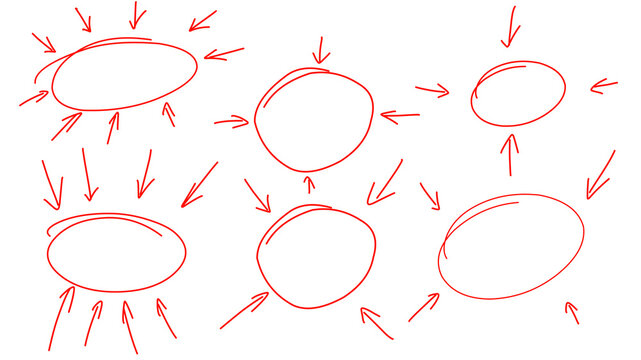 Red Marker Converging Arrow Clusters and Target Oval Highlights Set, Hand Drawn Radial Attention Circles Isolated on Transparent Background
