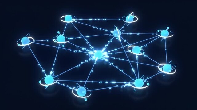 A glowing blue digital network connecting multiple orbital nodes, symbolizing remote team connection, global collaboration, decentralized corporate communication, and digital workforce synergy.