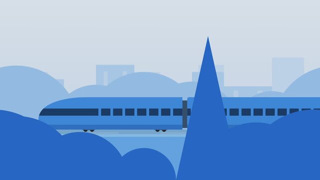 Modern blue commuter train passing through nature