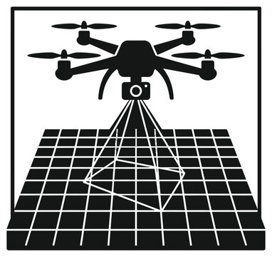 Minimalist drone mapping vector icon, black quadcopter scanning terrain grid illustration, aerial surveying technology graphic symbol