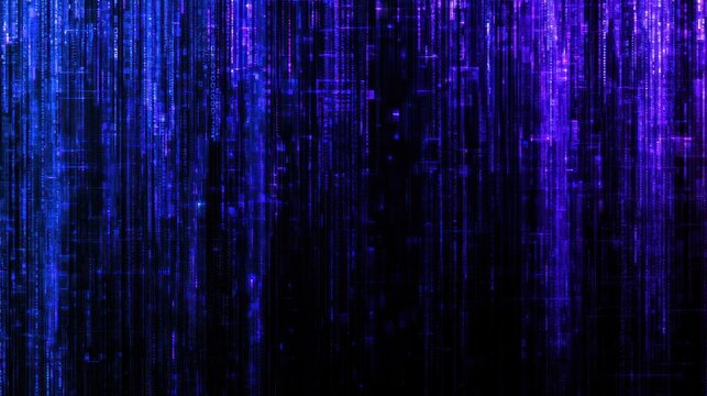 Abstract digital rain with blue and purple light streaks on black background