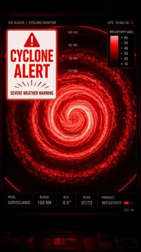 Vivid Red Cyclonic Swirl Design with Digital Interface Elements and Alert Warning