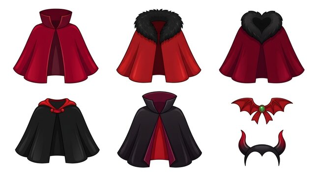 Vampire cloak and cape costume icon set. Featuring red fur collar