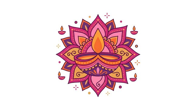 Diwali festival rangoli vector. Diya lamp with lotus flower and flame