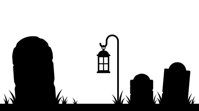 Spooky graveyard silhouette with tombstones and hanging lantern