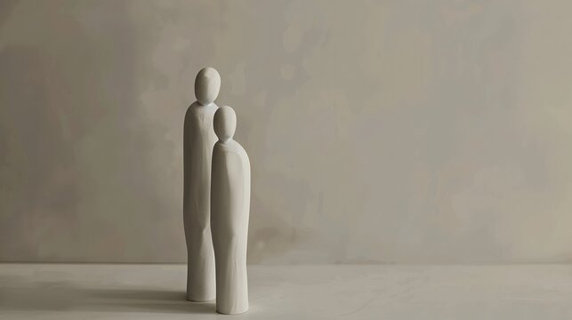 Minimalist 3D illustration of two figures standing separated by distance, representing interpersonal boundaries, relationship gap, defensive wall, and emotional restraint.
