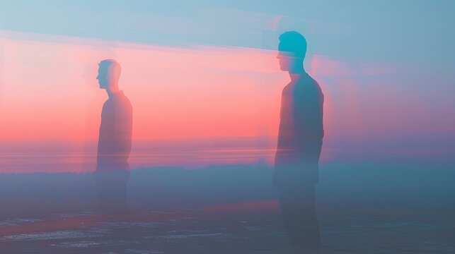 Minimalist 3D illustration of two figures standing separated by distance, representing interpersonal boundaries, relationship gap, defensive wall, and emotional restraint.