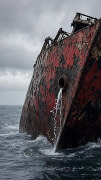 Weathered Shipwreck Partially Submerged in Turbulent Waves under Cloudy Sky