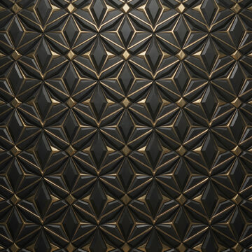 Gold geometric pattern on black background with hexagonal shapes and lines creating a repeating design, giving an impression of depth or dimension.