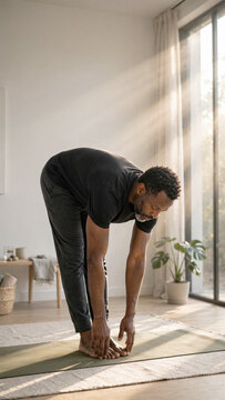 Black man doing morning yoga stretches in a minimalist living room with focus on core flexibility and posture