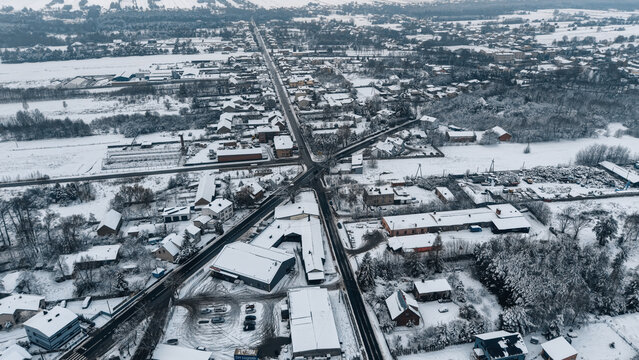 Cold seasonal weather in a snowy rural neighborhood