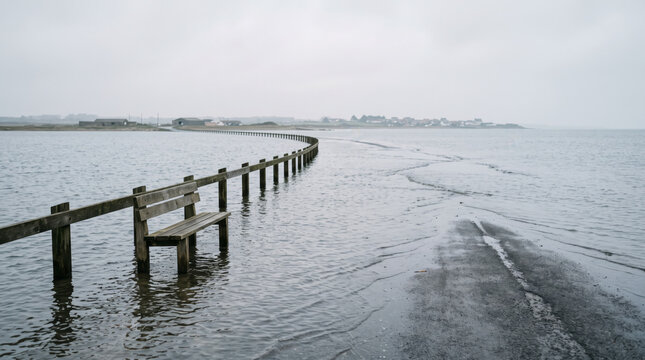 Submerged coastal road and wooden bench under high sea level rise flood waters due to climate change. Coastal flooding and tidal surge concept.