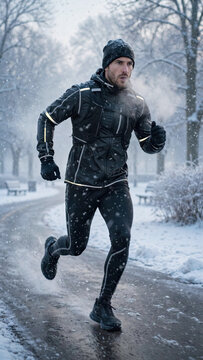 Early morning winter fitness routine with a determined athlete running on a cleared park path.