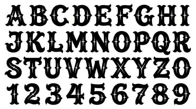 Bold, stylized Western typeface offering a complete English alphabet and numbers for distinctive design elements