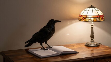 Fototapeta premium A striking dark raven stands on an open book, illuminated by a vintage lamp, creating a mysterious and elegant atmosphere in a cozy room setting.