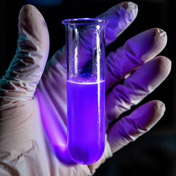 Gloved hand holding a glowing violet test tube