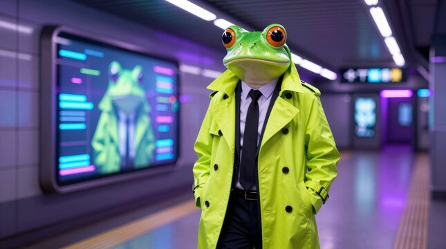 A whimsical frog in a suit and bright coat walking through a train station, surrounded by neon signs, blending surrealism with urban life