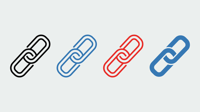 Minimal chain link icon collection featuring connection symbols, hyperlink markers, networking elements, monochrome vector design, modern style.