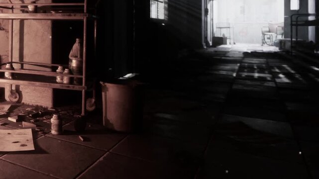 In an old, dimly lit room, shadows dance across the floor where clutter and forgotten supplies are strewn about. Faint light filters through dusty windows, enhancing the atmosphere of neglect.