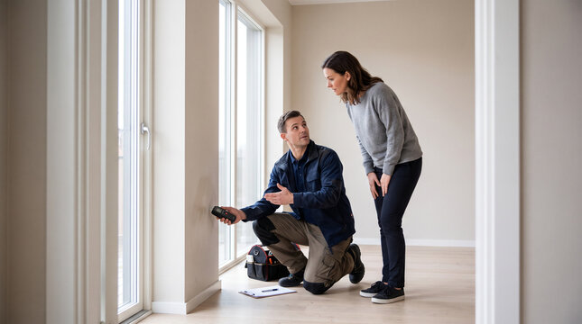 Building inspector checks moisture damage beneath apartment window using moisture meter while explaining findings to property owner during professional home inspection.