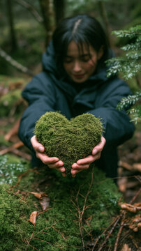 Person Holding Heart-Shaped Green Moss in Lush Forest