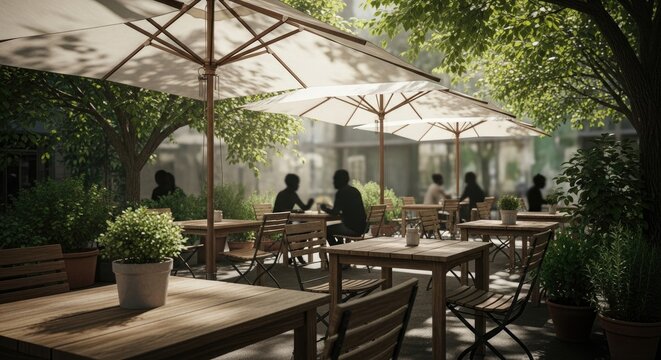 Outdoor cafe seating area with umbrellas and greenery.