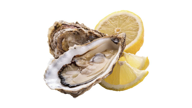 Fresh raw open oyster seafood lemon slices isolated on transparent background